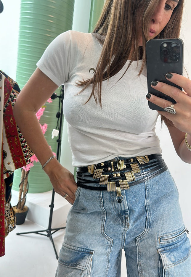 Ceinture vintage métal argenté cuir blanc avec pierres – style bohème western gypsy - 1
