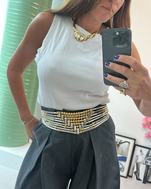 Ceinture chaîne dorée et cuir noir à breloques vintage - 2