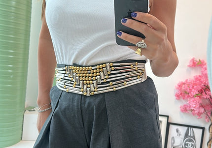 Ceinture chaîne dorée et cuir noir à breloques vintage - 3