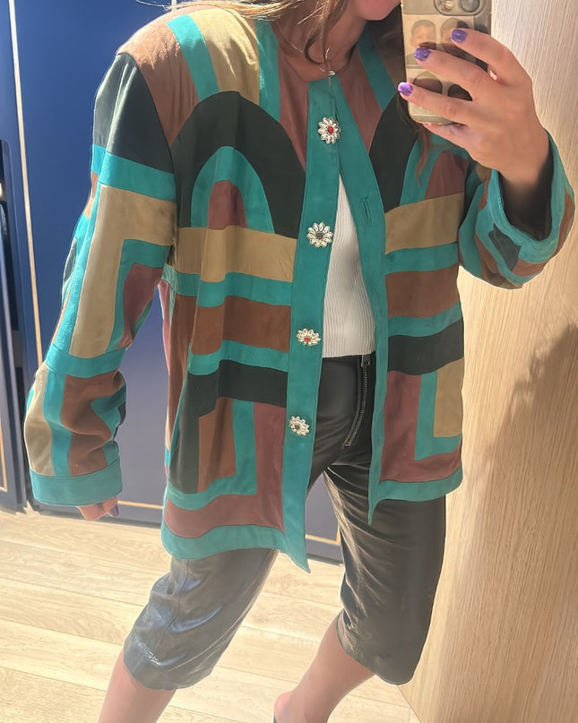 Veste imprimée en daim cuir marque Valentino taille 40 42 turquoise - 2