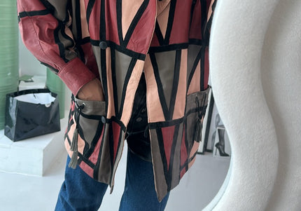 Veste vintage en cuir patchwork géométrique Années 80 - 1