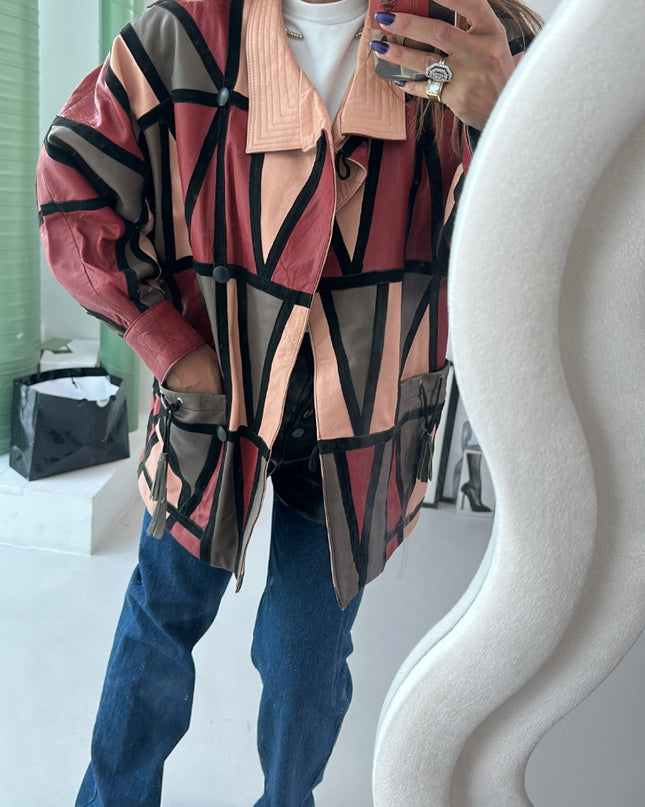Veste vintage en cuir patchwork géométrique Années 80 - 1