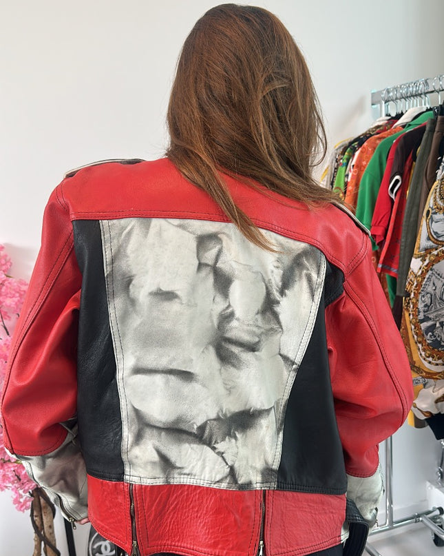 Veste en cuir vintage manches rouges - 3
