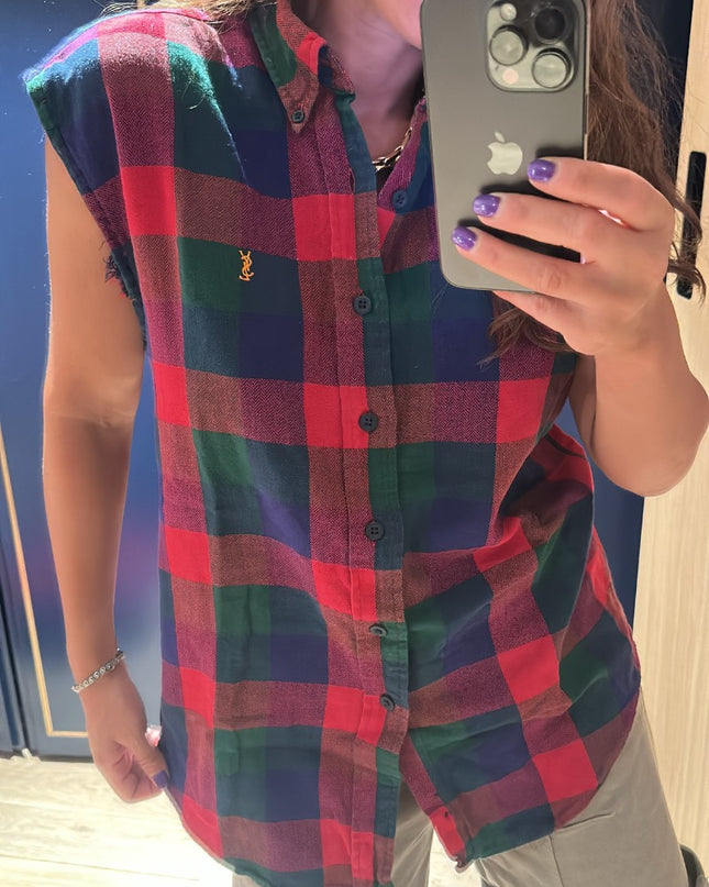 Vintage YSL Grunge Cut-Off Flannel Shirt size M - 3