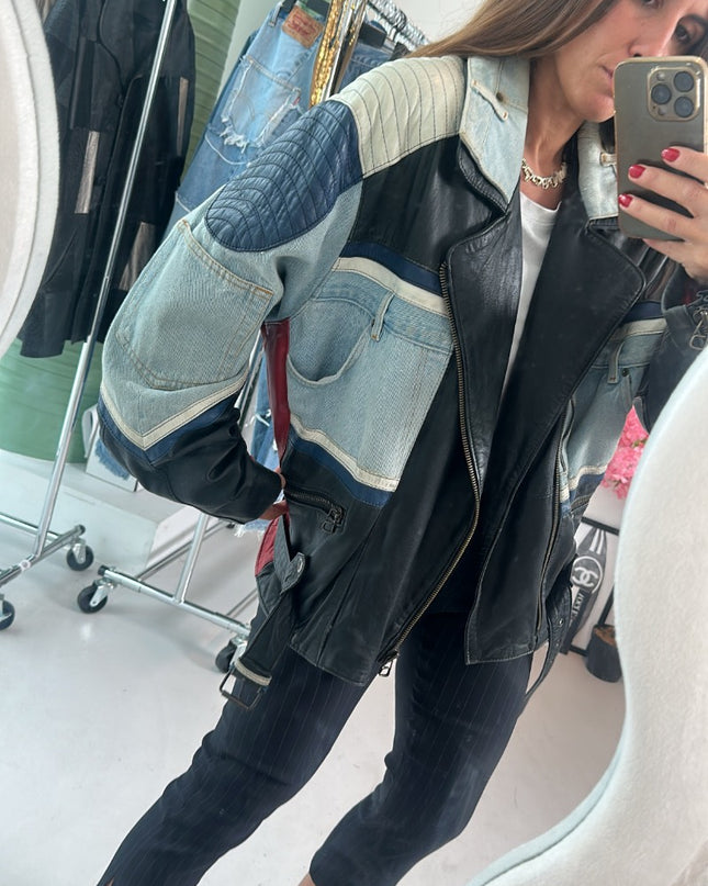 Veste vintage en jean et cuir - 1