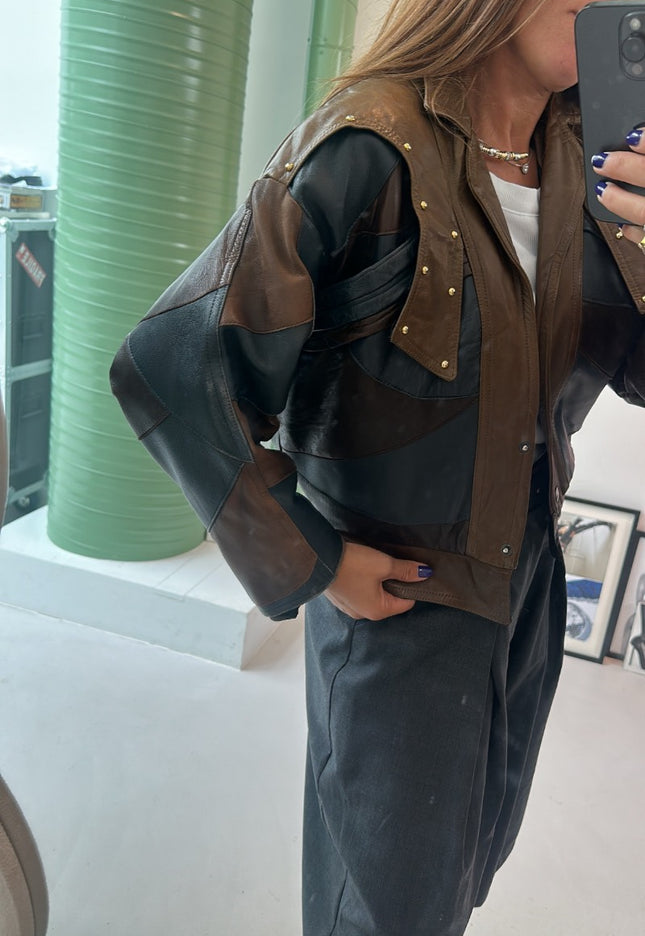 Veste en cuir vintage courte patchwork - 1