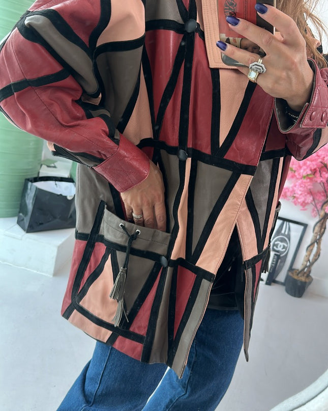 Veste vintage en cuir patchwork géométrique Années 80 - 2