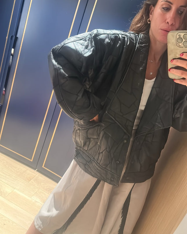 Veste en cuir noir style patchwork oversize taille 40 - 2
