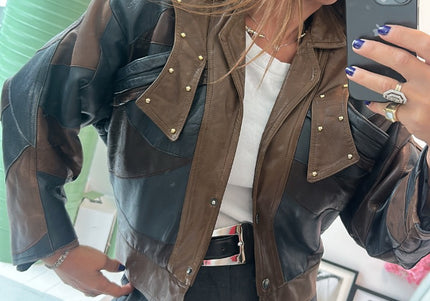 Veste en cuir vintage courte patchwork - 2