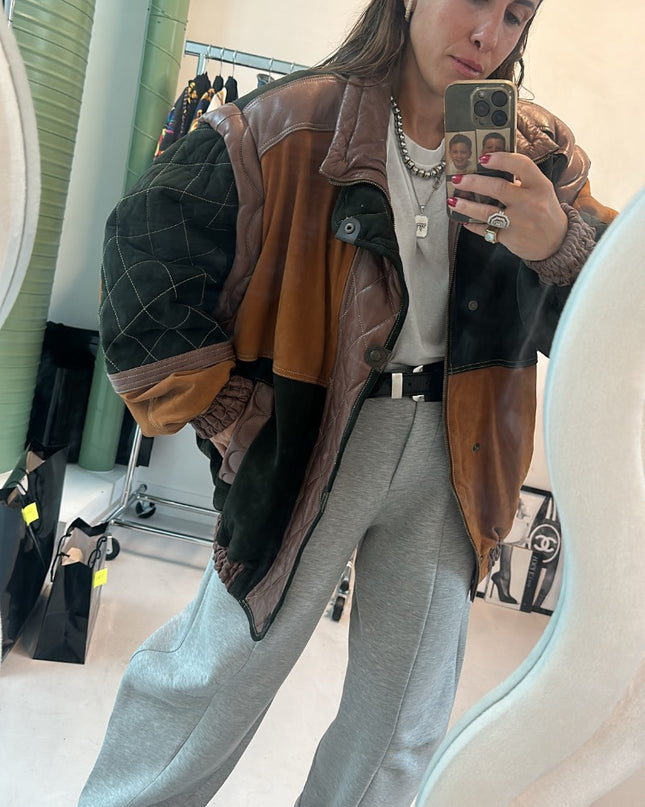 Veste vintage cuir & daim manches custom