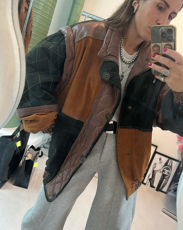 Veste vintage cuir & daim manches custom