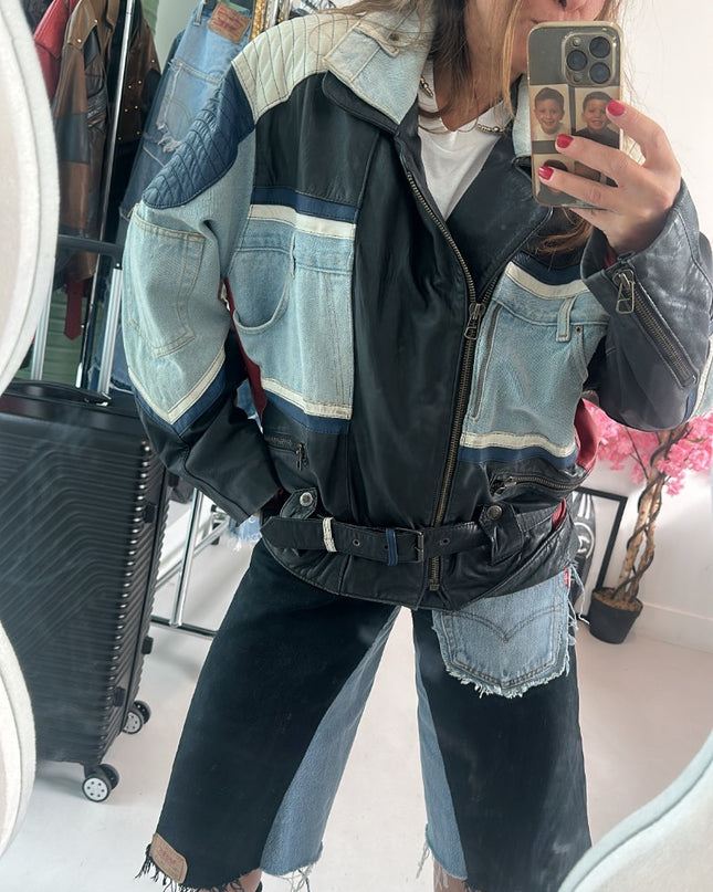 Veste vintage en jean et cuir - 3