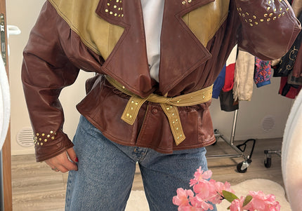 Veste vintage en cuir pistache & marron chocolat — Taille unique