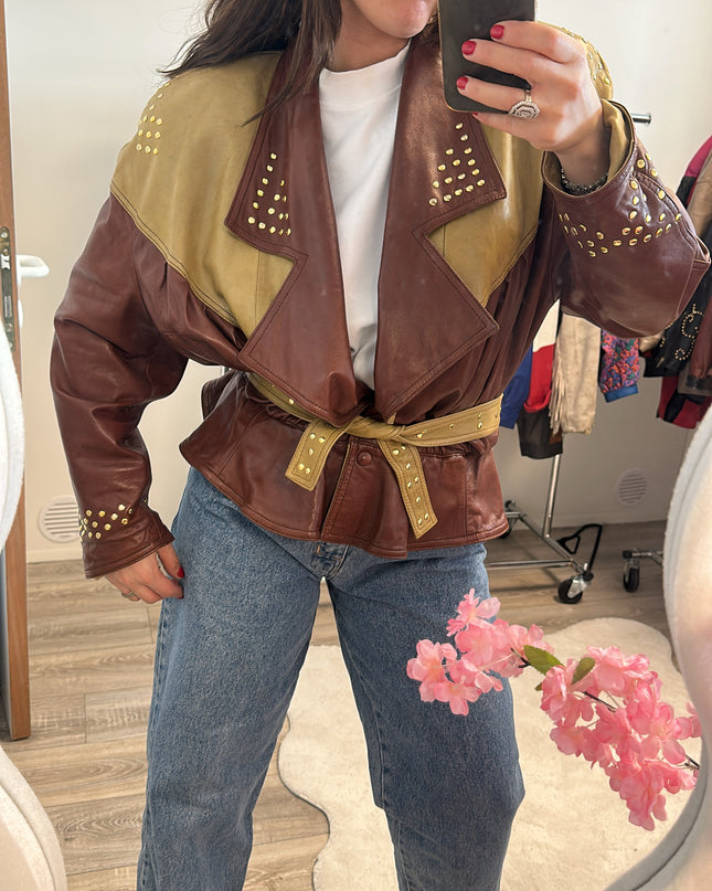 Veste vintage en cuir pistache & marron chocolat — Taille unique