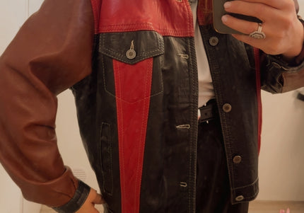 Veste en cuir patchwork vintage – bordeaux, noir & rouge