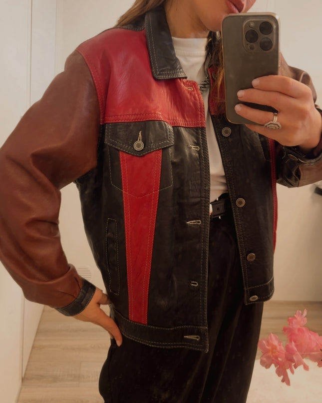 Veste en cuir patchwork vintage – bordeaux, noir & rouge