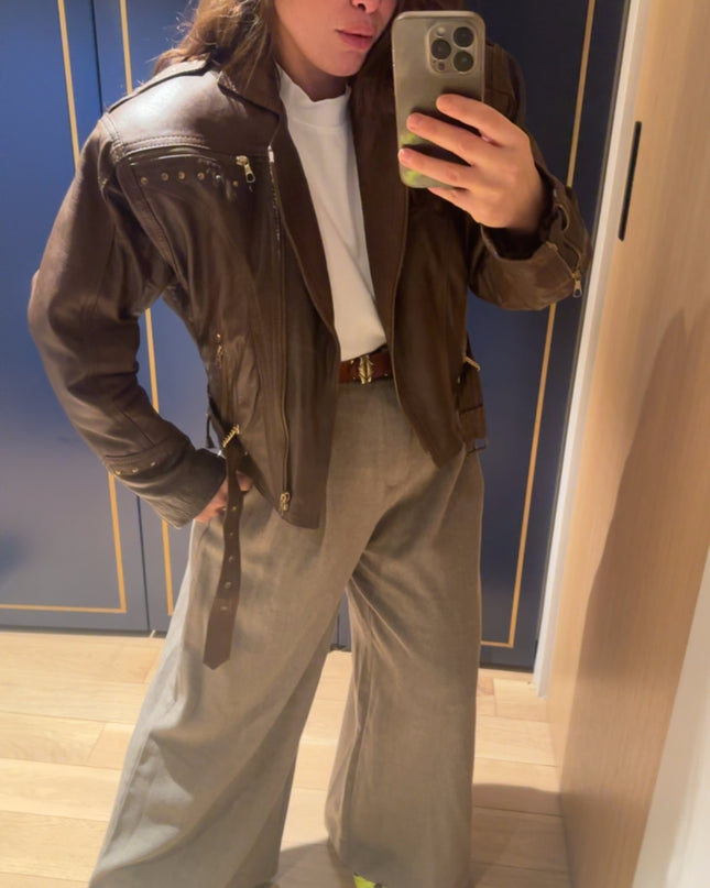 Veste Vintage en Cuir Marron – Esprit Biker – Pièce Unique