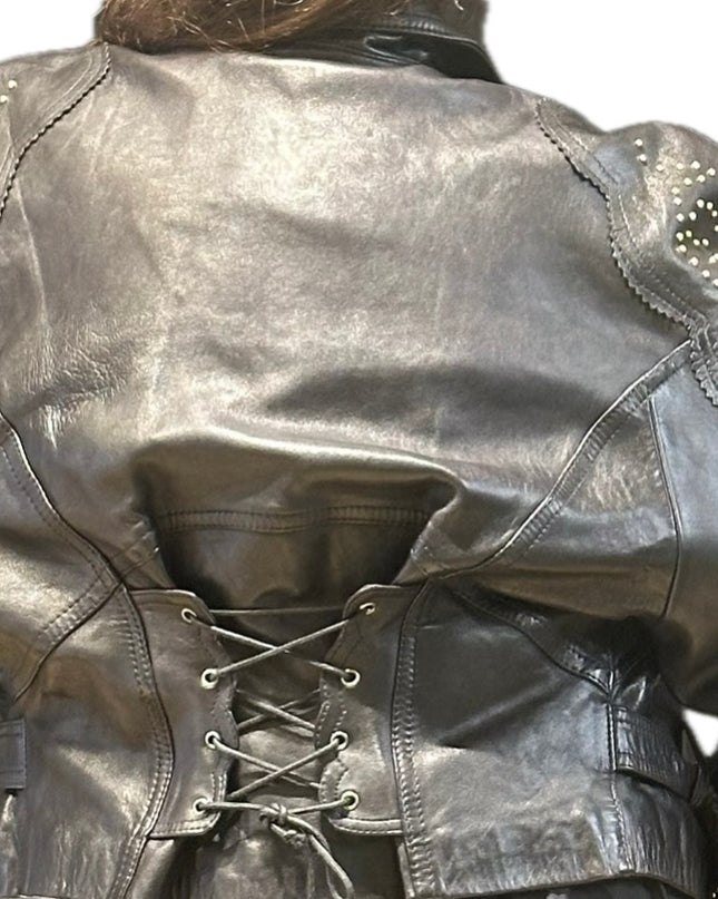 Blouson en cuir vintage clouté – Taille unique