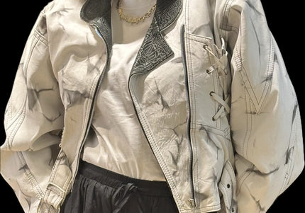 Blouson en cuir vintage tie & dye noir et blanc – Taille unique