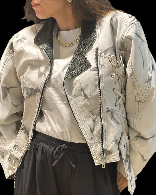 Blouson en cuir vintage tie & dye noir et blanc – Taille unique