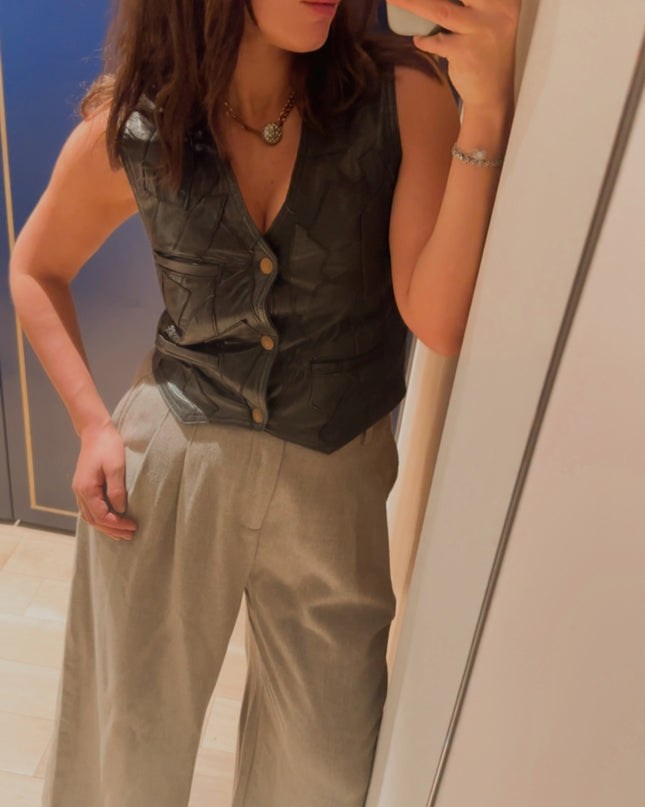 Veste Sans Manche Vintage en Cuir Patchwork – Taille Unique – Pièce Unique