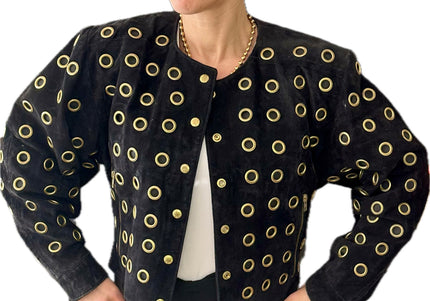 BLOUSON EN CUIR VINTAGE DAIM NOIR & ŒILLETS DORÉS