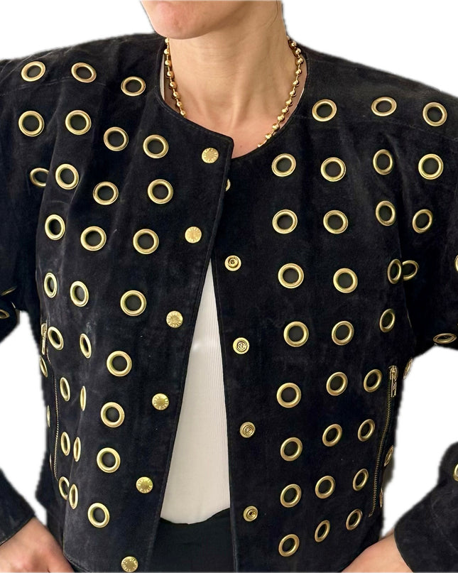 BLOUSON EN CUIR VINTAGE DAIM NOIR & ŒILLETS DORÉS
