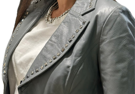 Blazer en cuir gris perlé vintage à strass – Taille unique