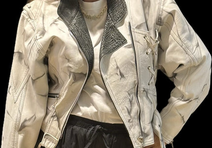 Blouson en cuir vintage tie & dye noir et blanc – Taille unique