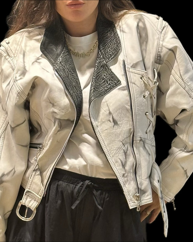 Blouson en cuir vintage tie & dye noir et blanc – Taille unique