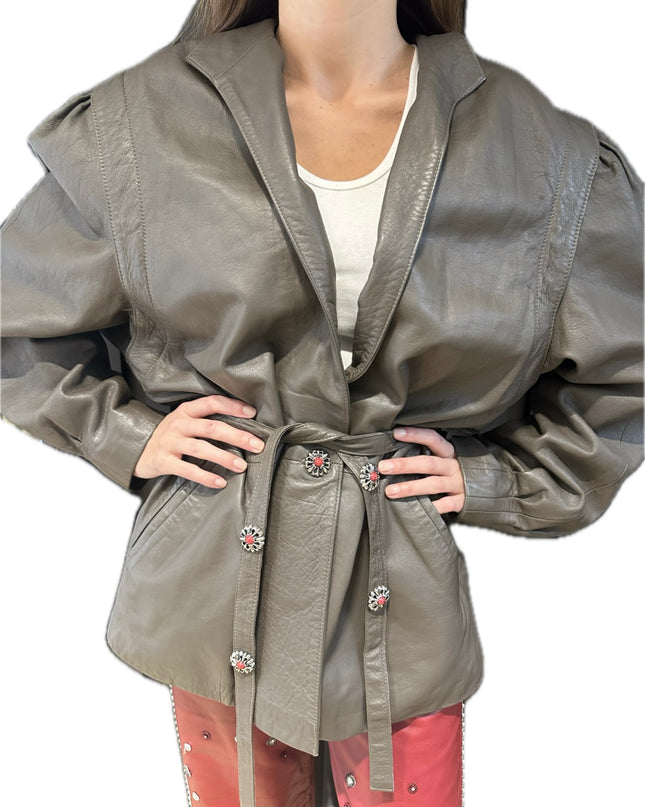 Blouson vintage en cuir – Couleur Kaki – Taille Unique