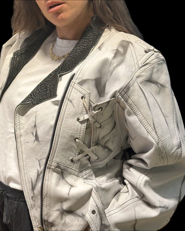Blouson en cuir vintage tie & dye noir et blanc – Taille unique