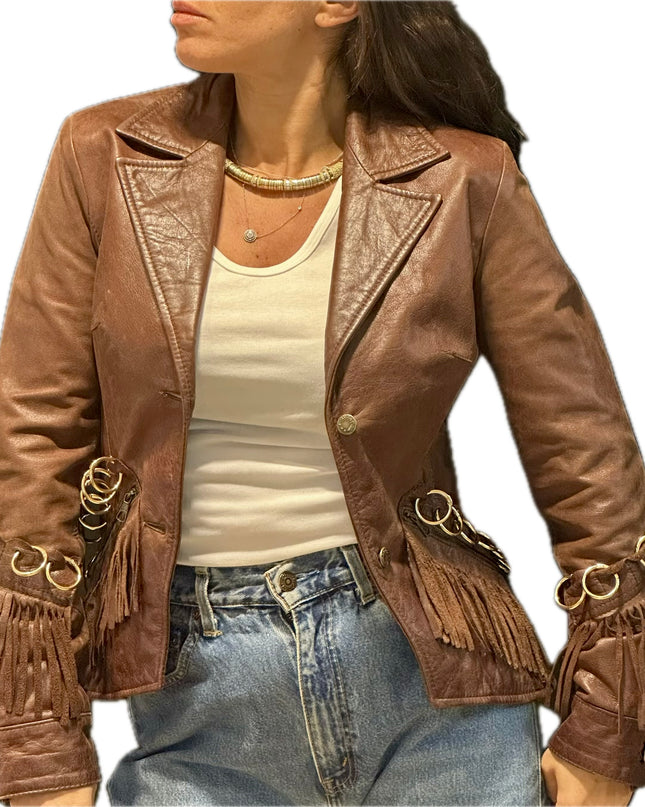 BLAZER EN CUIR MARRON ANNEAUX