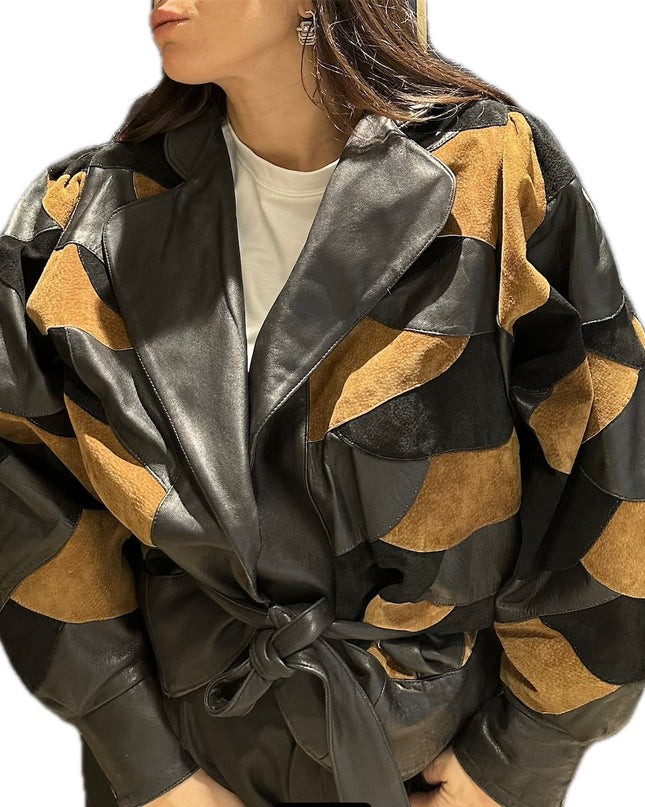 Blouson en cuir et daim vintage patchwork – Taille unique