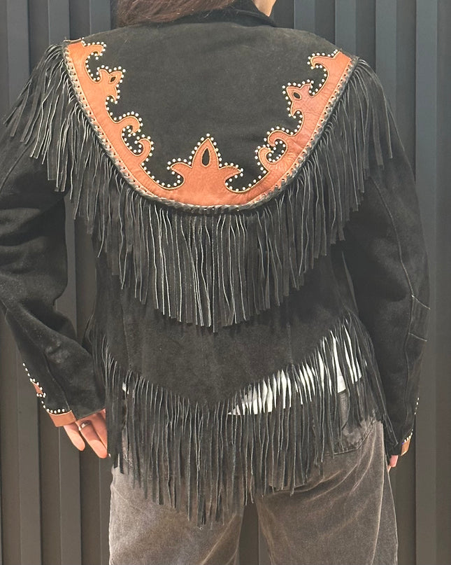 Veste vintage à franges & empiècements en cuir – Pièce iconique