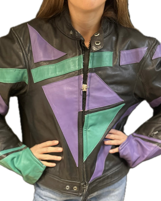Blouson en cuir vintage façon moto – Noir, Violet & Vert – Taille Unique