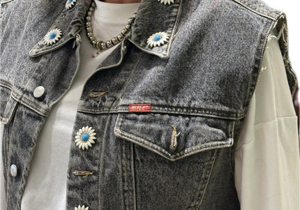 Veste en jean sans manches vintage customisée – Gris délavé – Taille unique