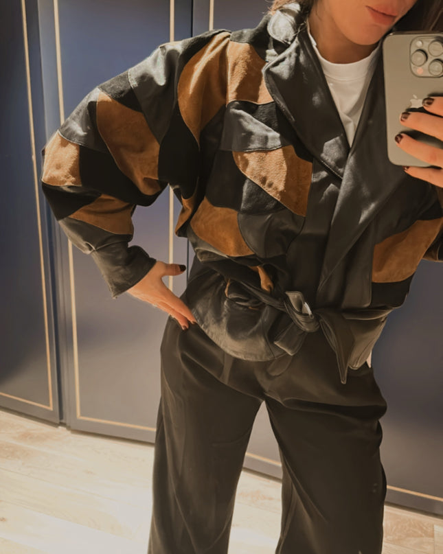 Blouson en cuir et daim vintage patchwork – Taille unique