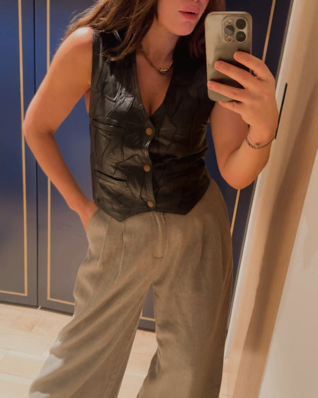 Veste Sans Manche Vintage en Cuir Patchwork – Taille Unique – Pièce Unique