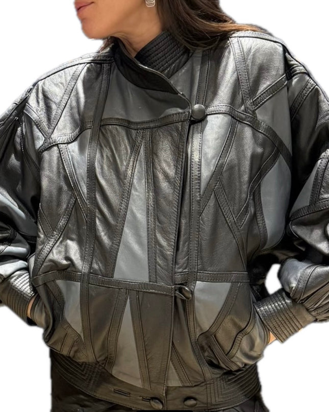 Blouson en cuir vintage patchwork – Gris & Noir (Taille unique)