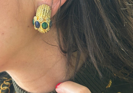 Boucles d’oreilles vintage à clips dorées – pierres bleues & vertes – pièce unique
