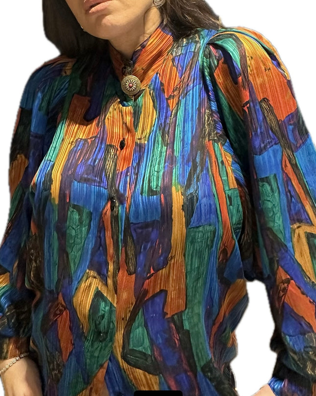 Chemisier vintage multicolore customisé – Taille unique