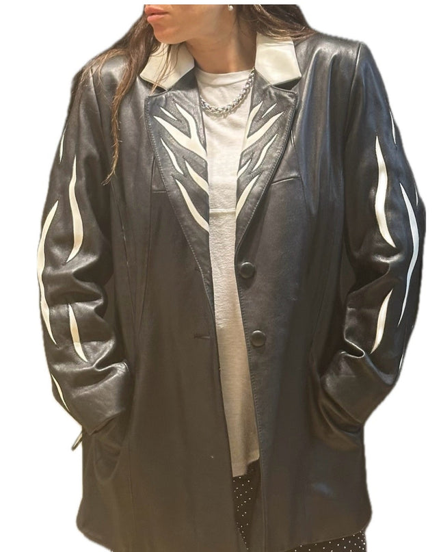 Veste vintage en cuir noir et blanc – Imprimé ZÈBRE – Taille unique