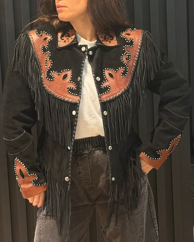 Veste vintage à franges & empiècements en cuir – Pièce iconique
