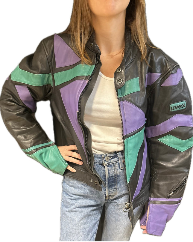 Blouson en cuir vintage façon moto – Noir, Violet & Vert – Taille Unique