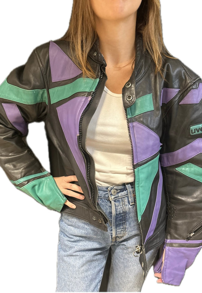 Blouson en cuir vintage façon moto – Noir, Violet & Vert – Taille Unique