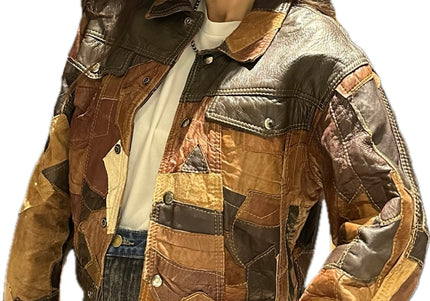 BLOUSON VINTAGE PATCHWORK CUIR MARRON