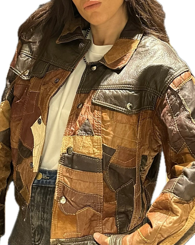 BLOUSON VINTAGE PATCHWORK CUIR MARRON