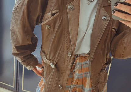 Blouson vintage en cuir camel et beige customisé – Taille unique