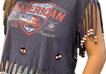 T-shirt vintage “American” customisé à la main avec perles – Taille unique
